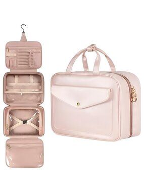 Toiletry Bag, Hanging Travel Makeup Bag for Women, Large Waterproof Bags, Pink